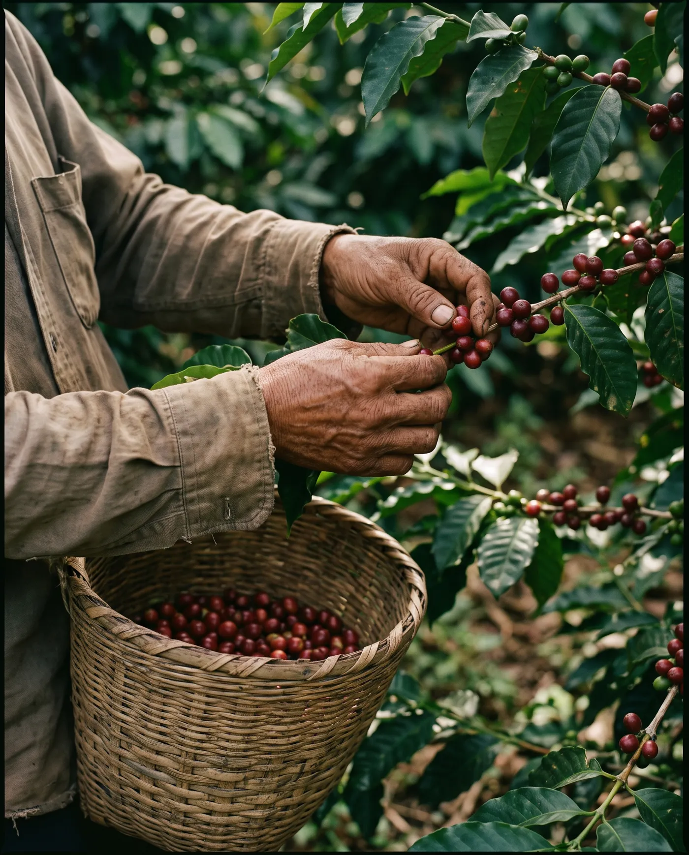 Hands picking ripe coffee cherries into a bamboo basket