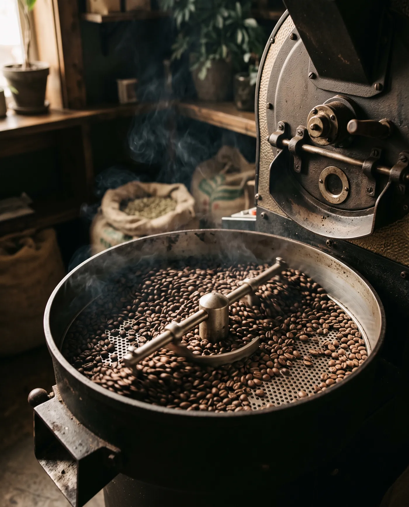 Fresh coffee beans cooling in a drum roaster tray
