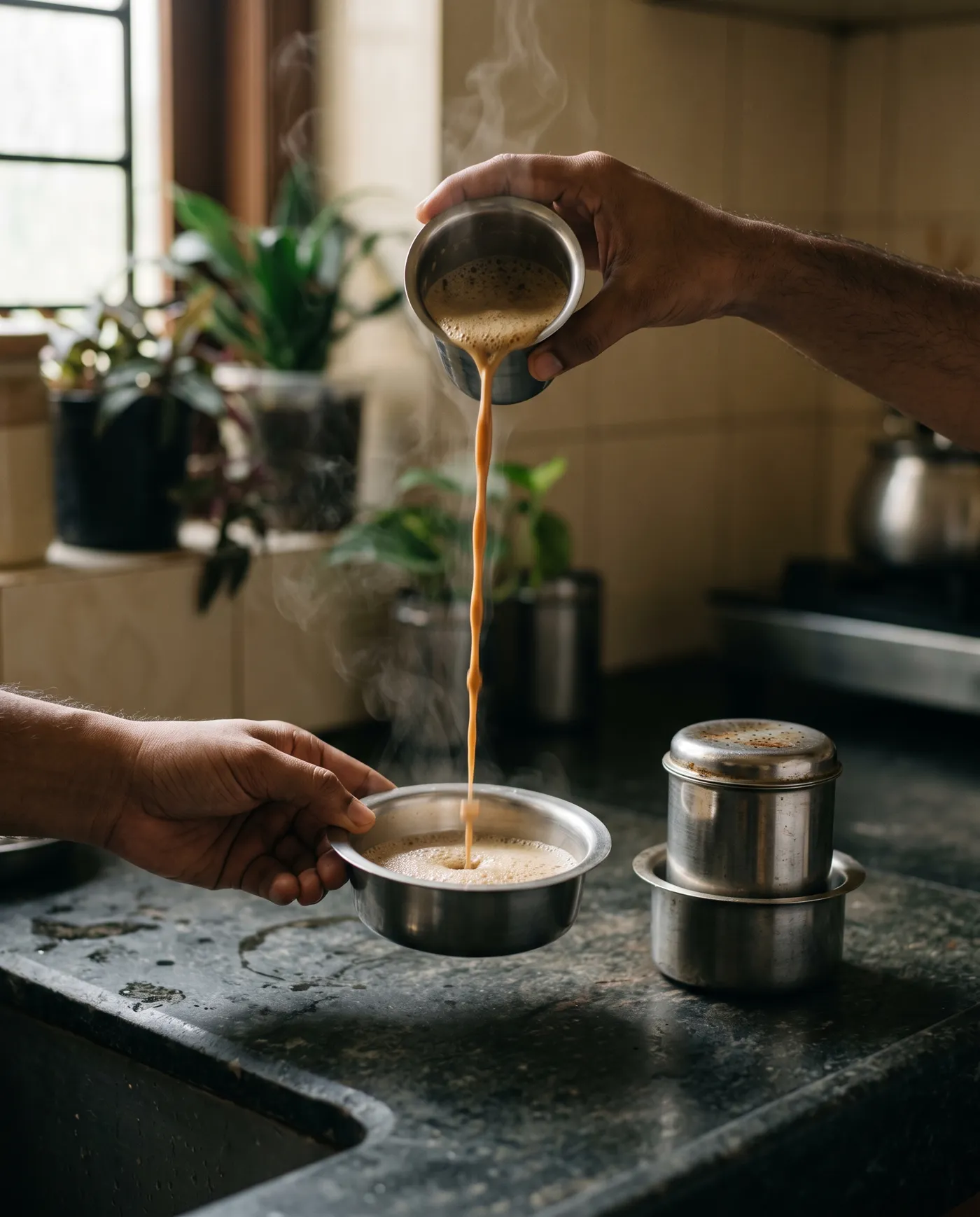 Pouring filter coffee from a steel tumbler into a davara