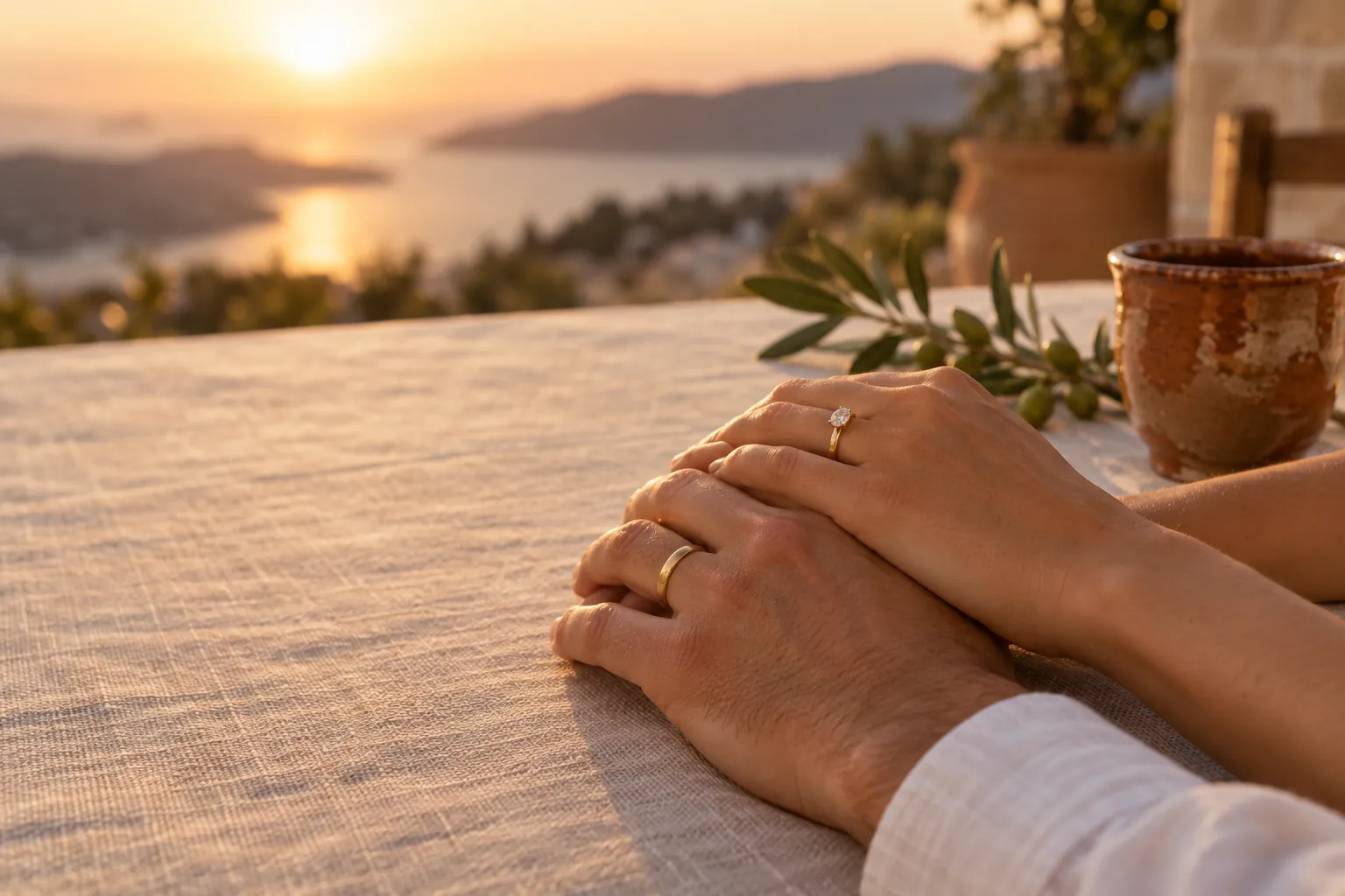 Two hands intertwined wearing gold rings on a linen tablecloth