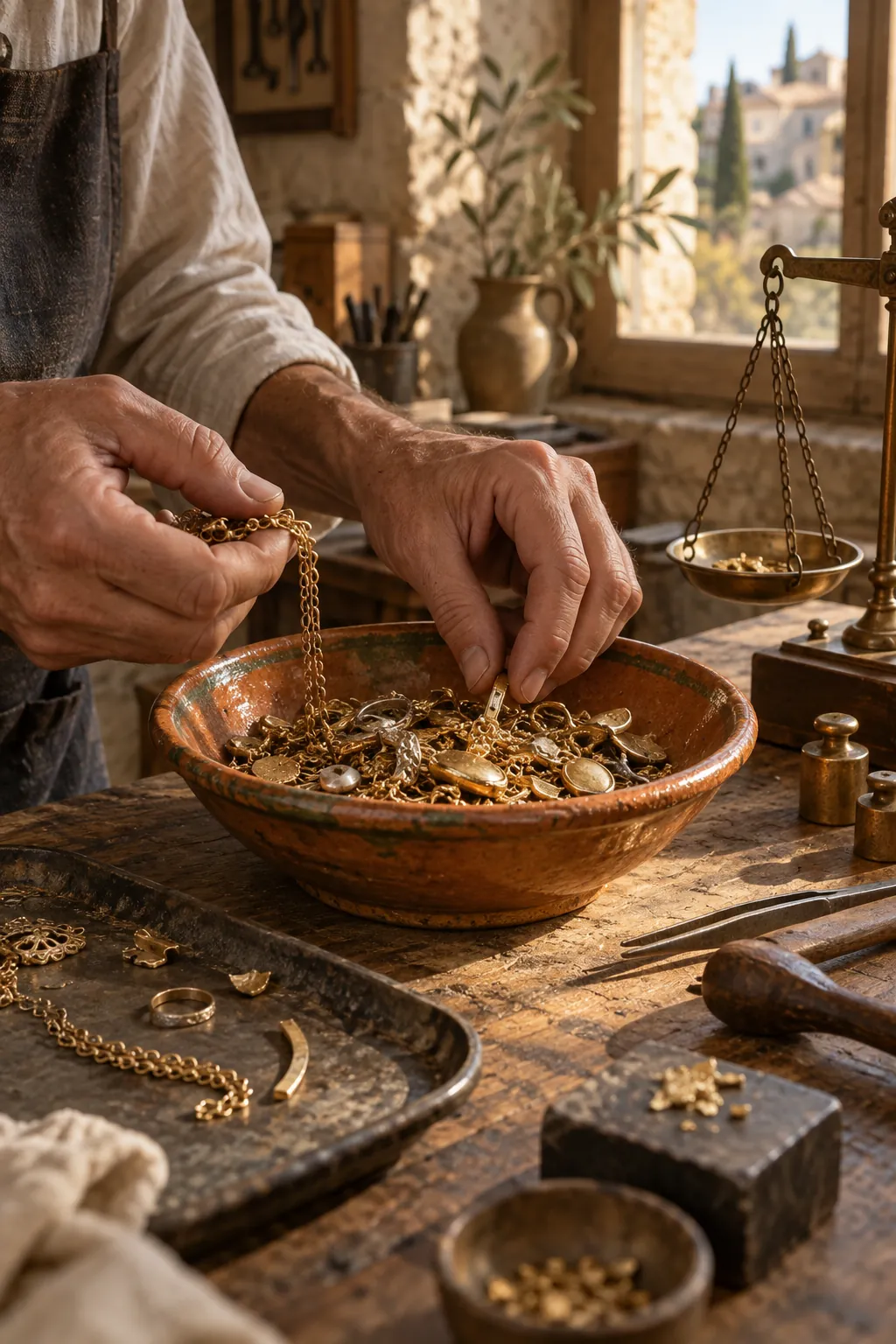 Hands sorting old gold jewelry into a terracotta bowl