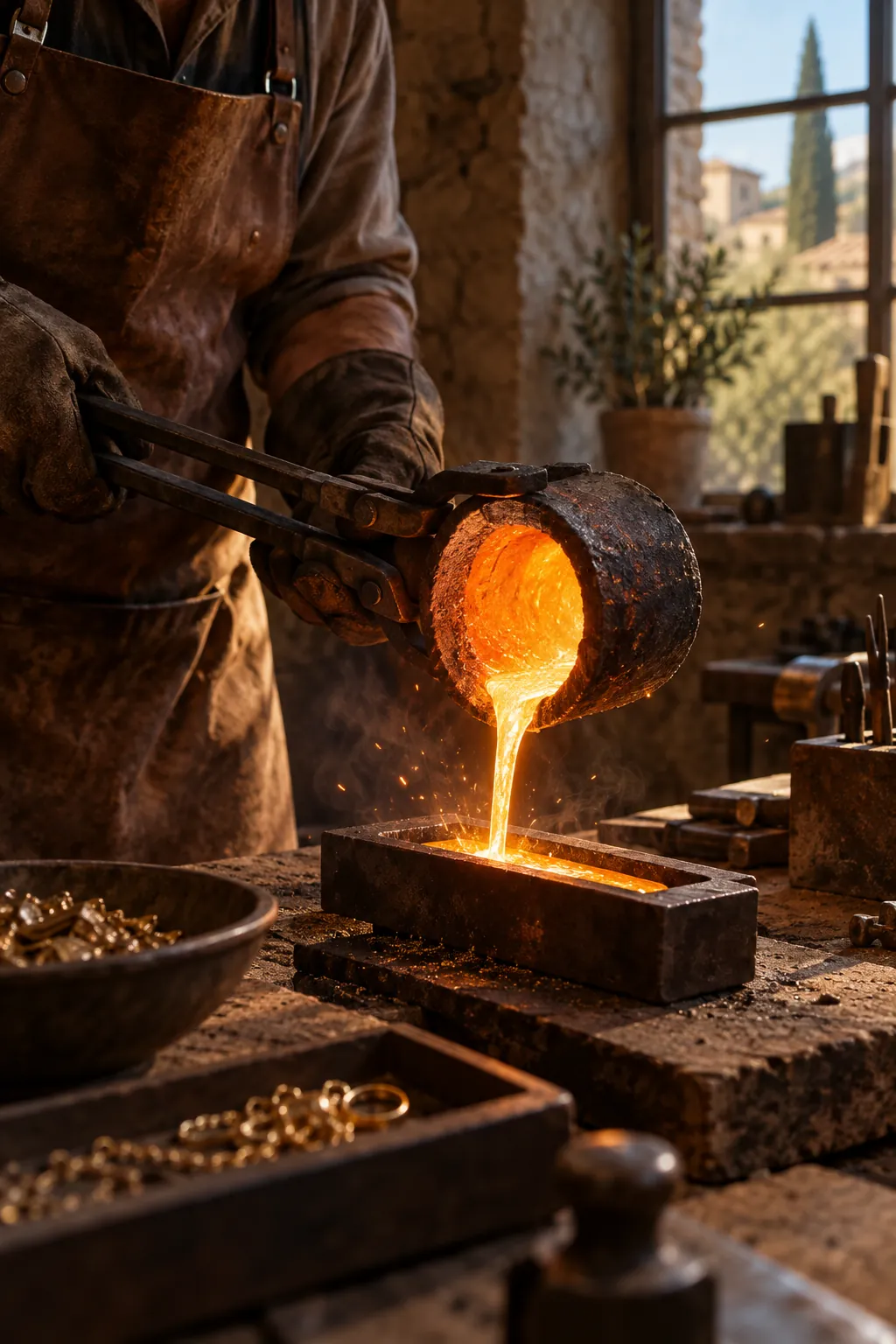 Molten gold poured from a crucible into an ingot mould