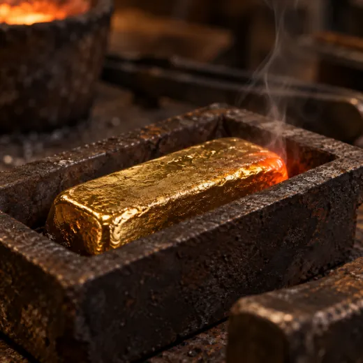 A fresh gold ingot cooling in its mould