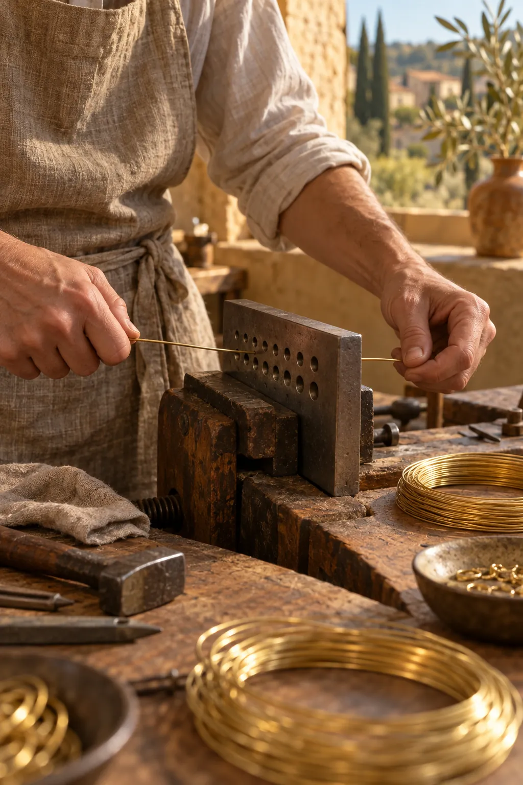 A jeweller drawing gold wire through a steel drawplate