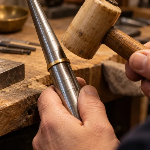 A gold band shaped on a steel ring mandrel