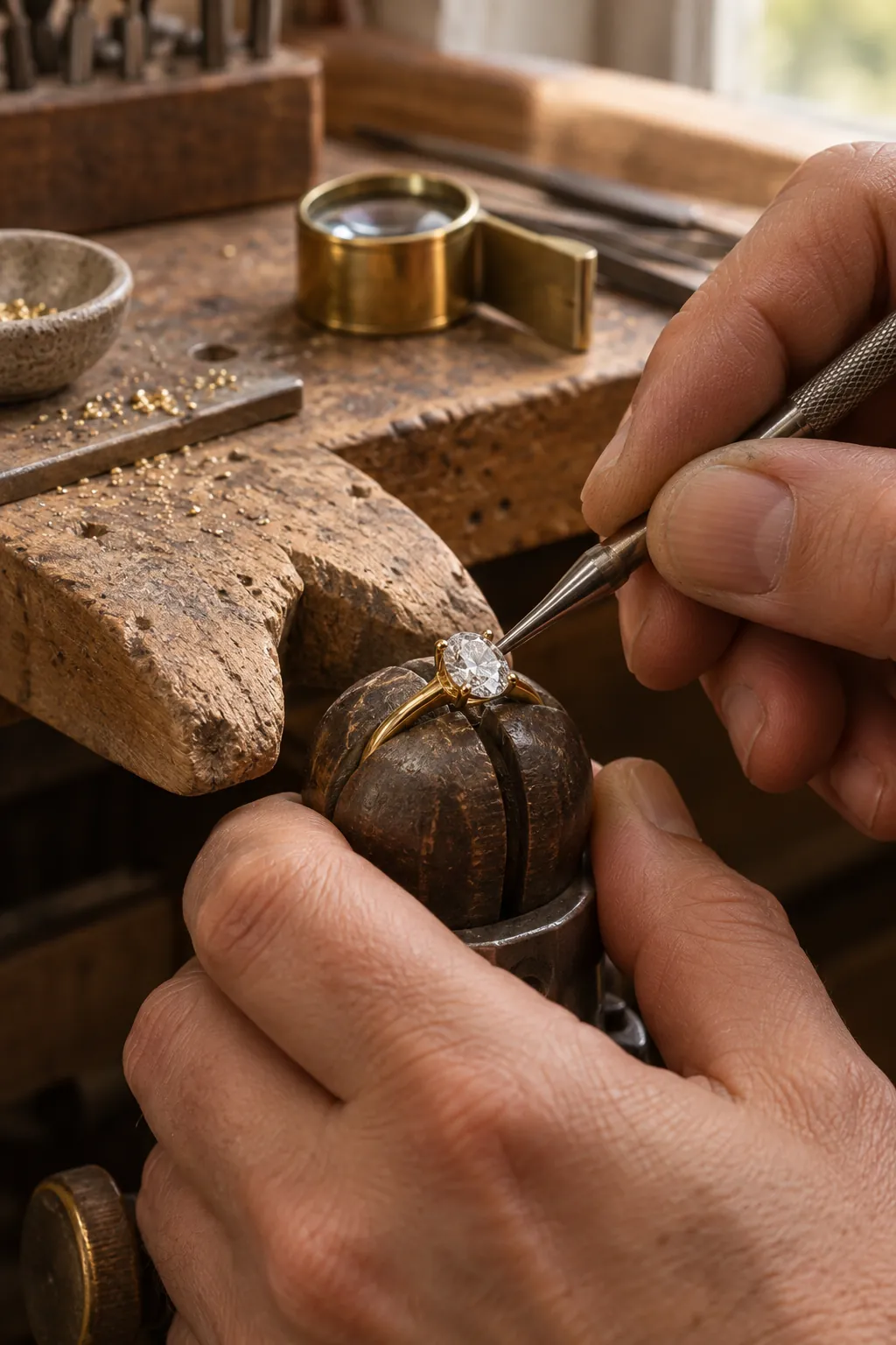 A jeweller setting a diamond at the bench