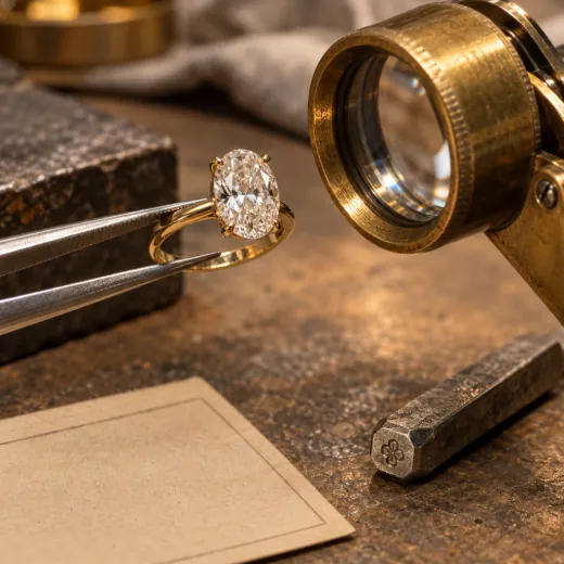 A finished ring inspected under a brass loupe