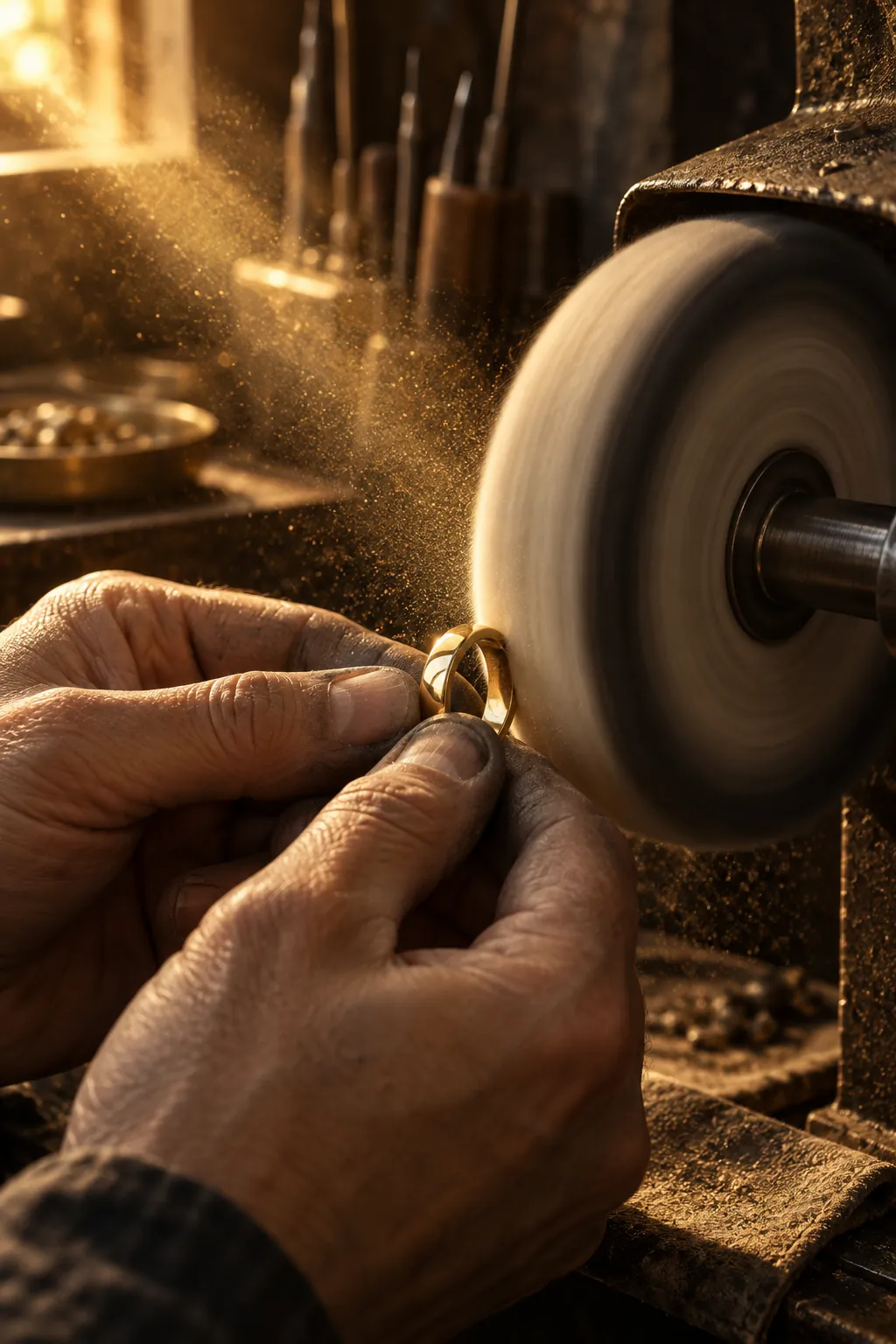 A ring polished on a felt wheel in a beam of light