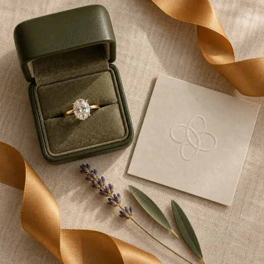 The olive leather box, card and honey ribbon
