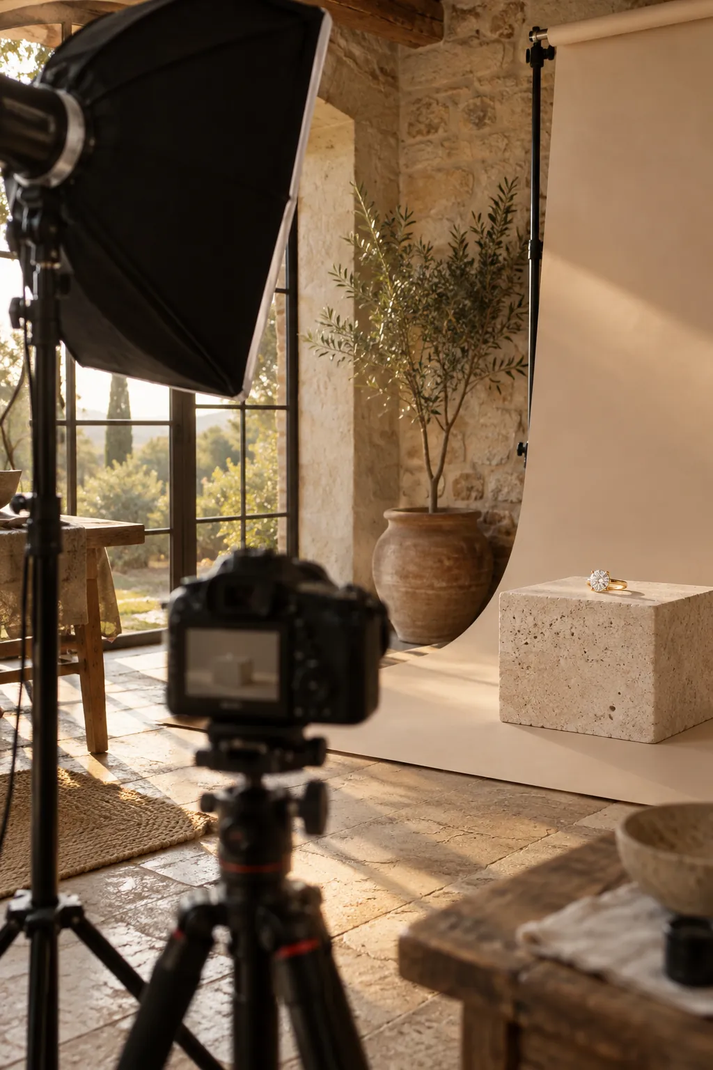 A ring photographed on a plinth in the atelier studio