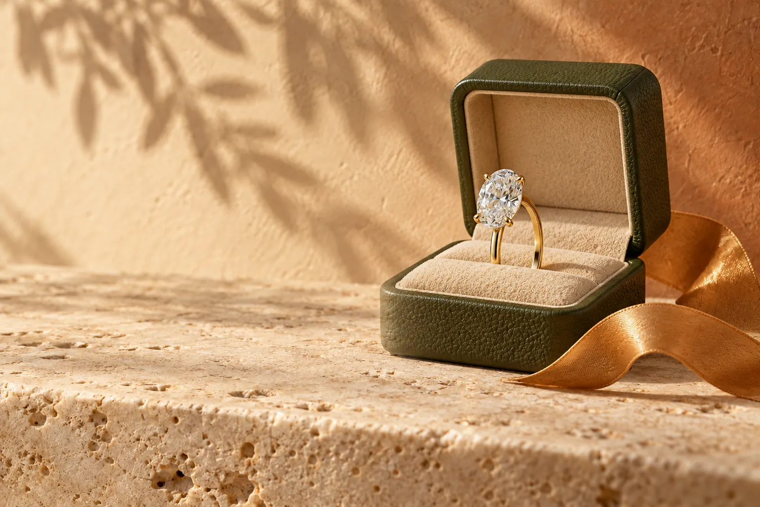The finished ring in an olive leather box with a honey ribbon