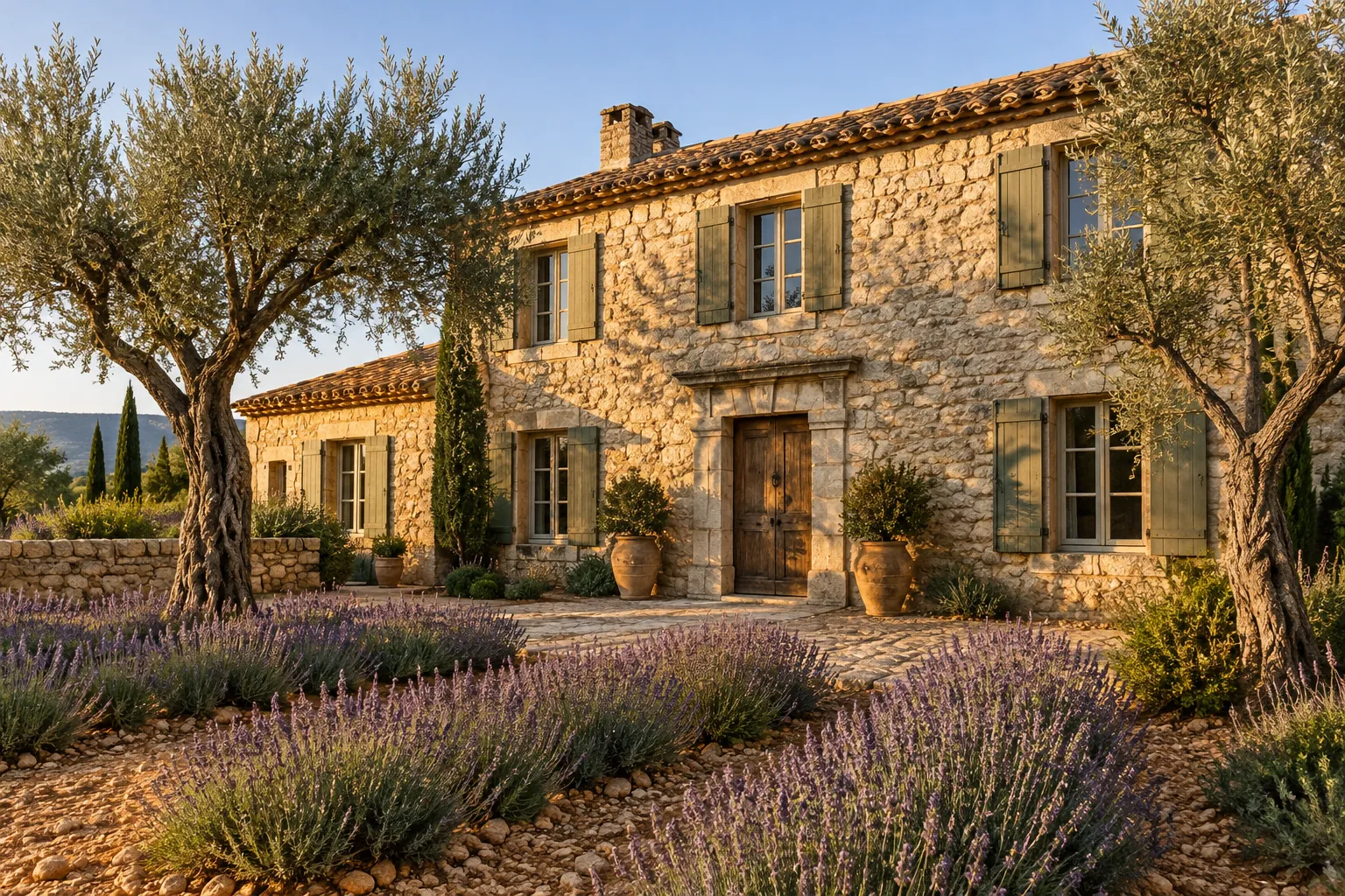 The stone mas in Provence that houses the atelier, with olive trees and lavender