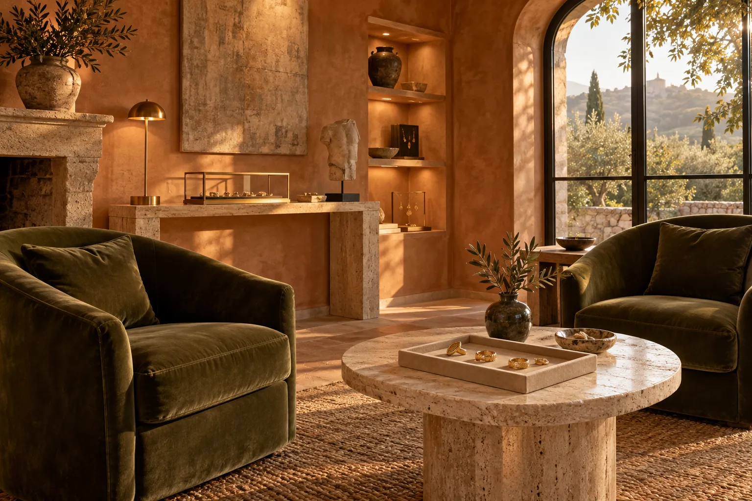 The private salon with olive velvet armchairs and a travertine table