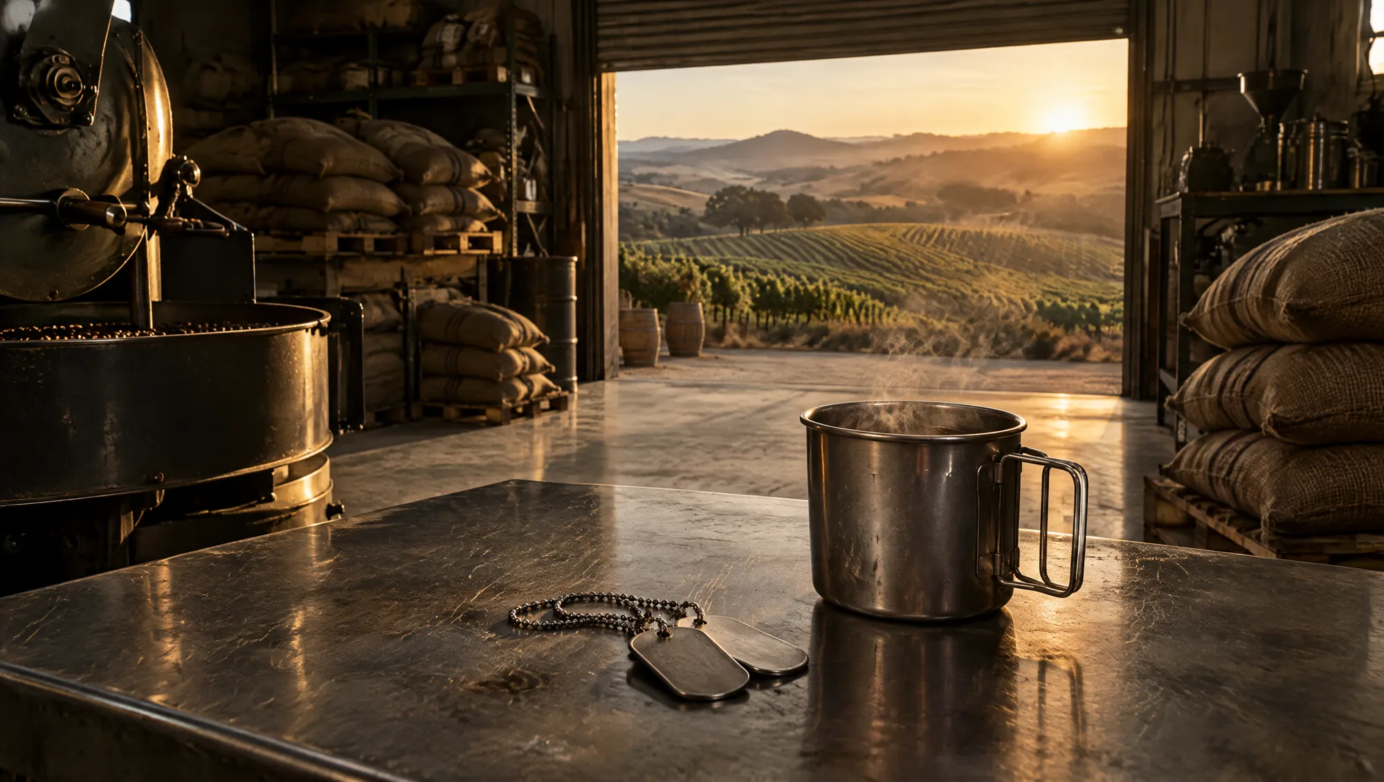 Dawn over rolling hills seen from a roastery, dog tags beside a steel canteen cup