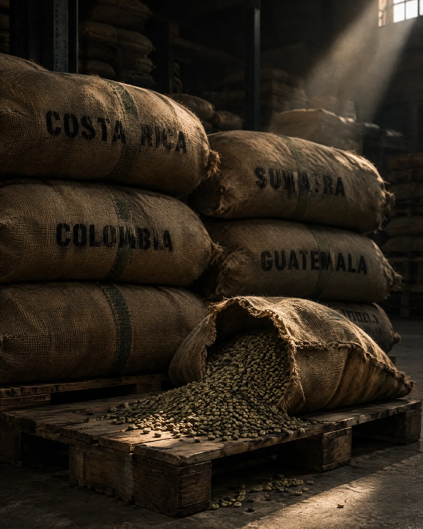 Burlap coffee sacks stencilled with origin names, green beans spilling out