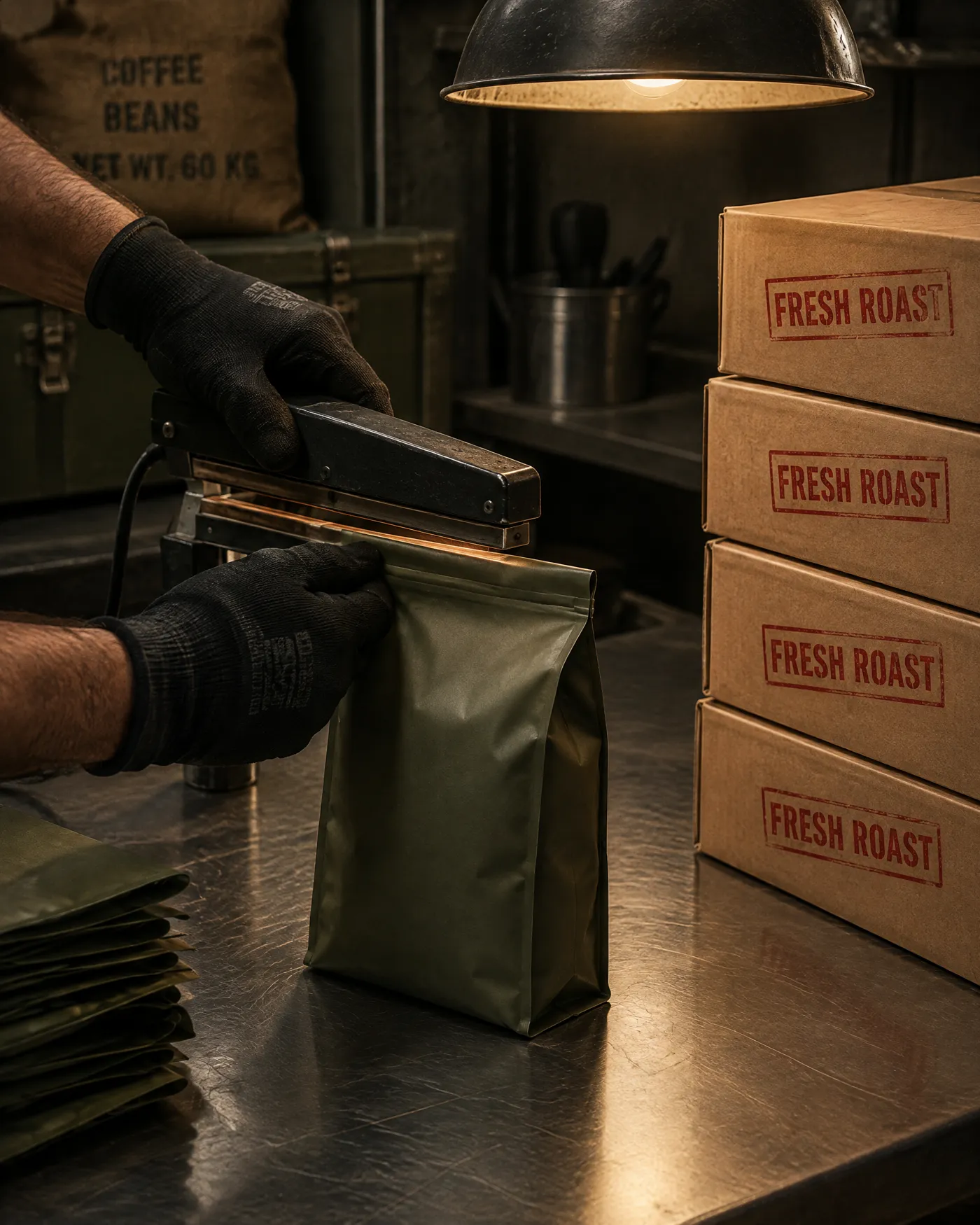Gloved hands sealing an olive coffee bag beside boxes stamped Fresh roast