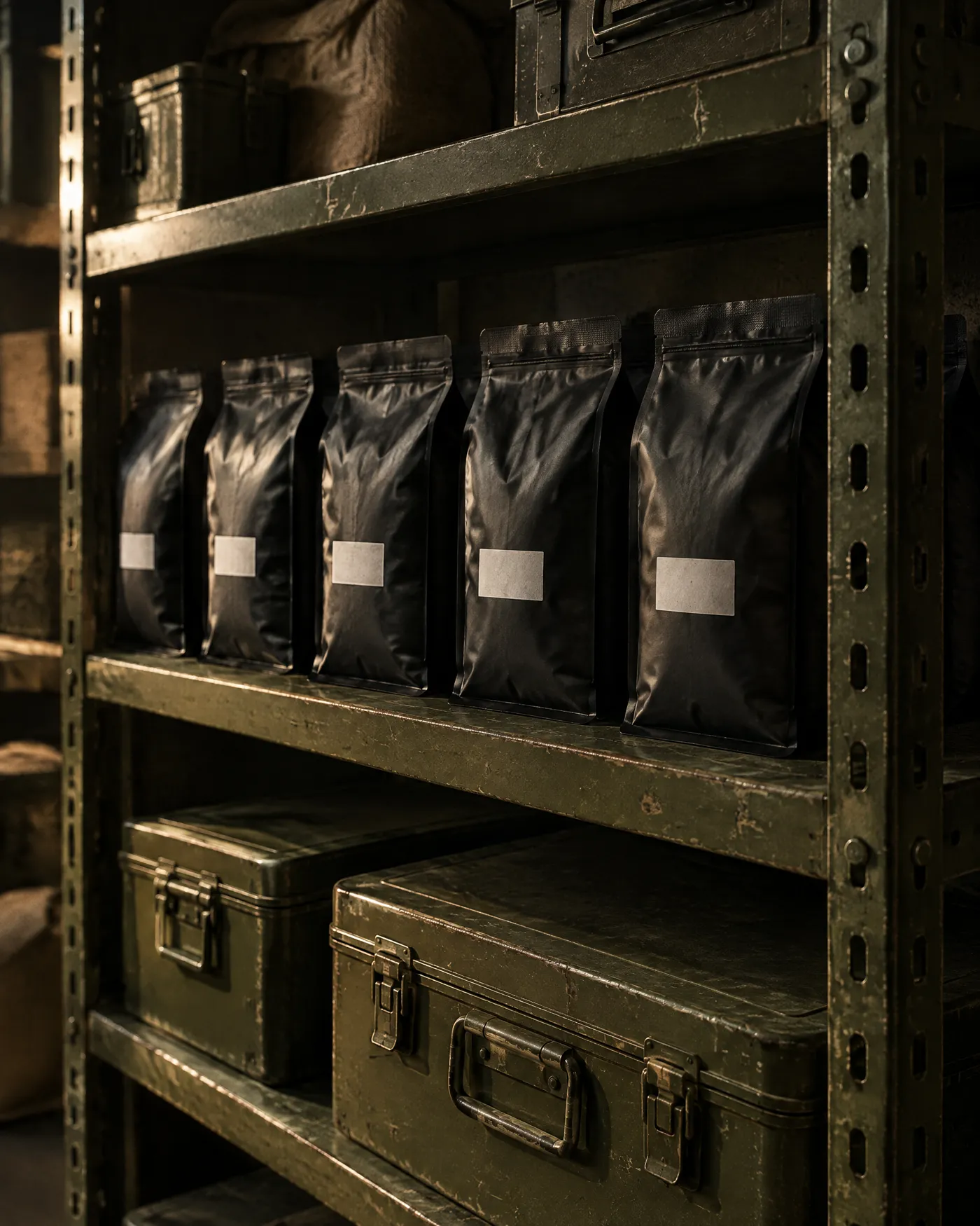Coffee bags lined up on olive steel shelving