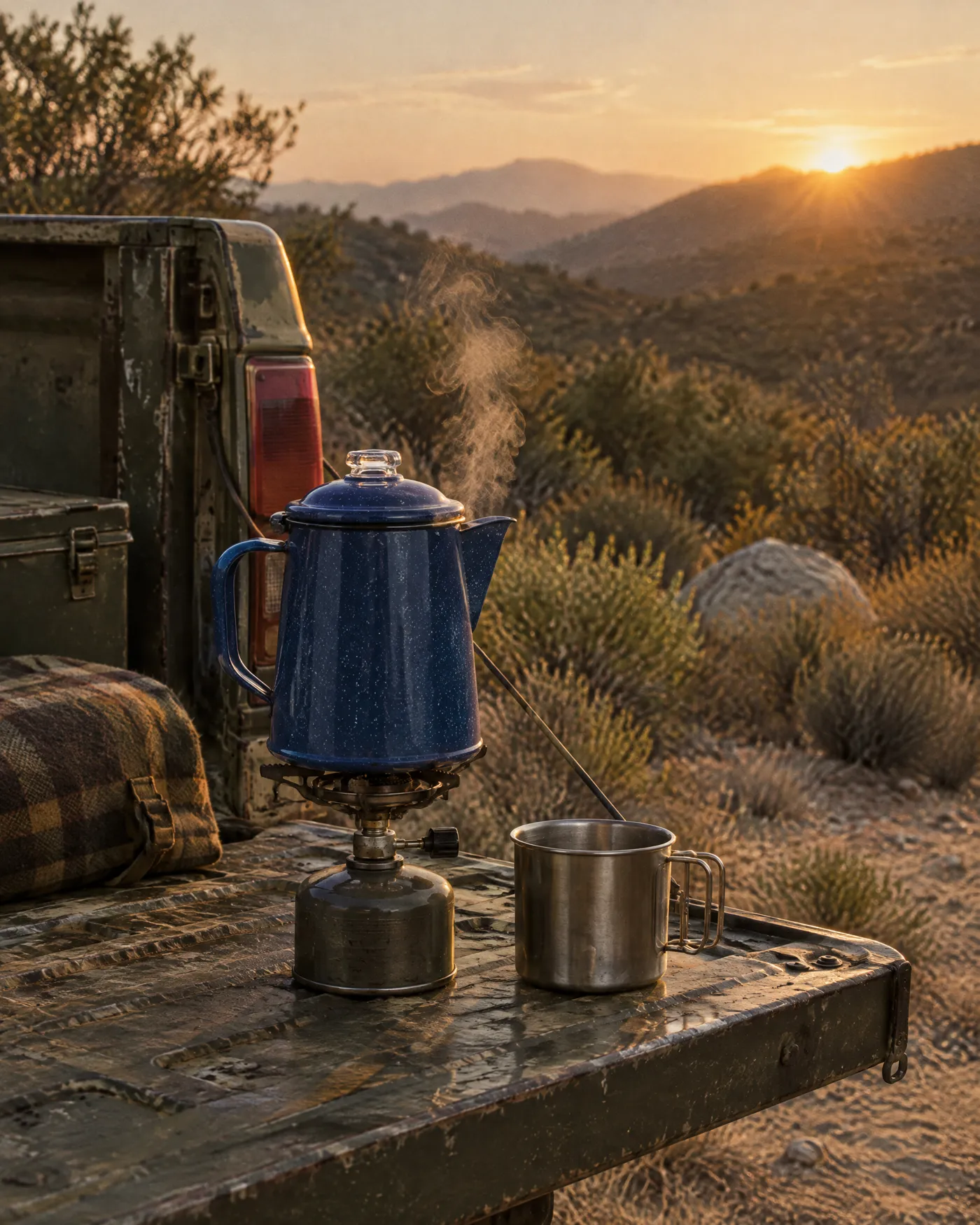 An enamel percolator and canteen cup on a truck tailgate at dawn