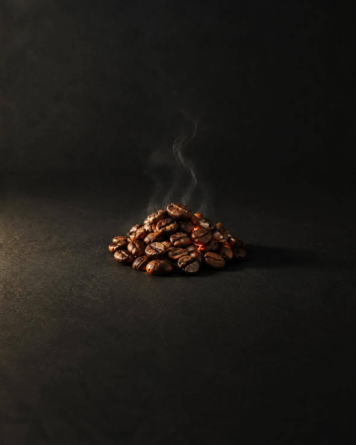 Coffee beans mid-roast with glowing embers