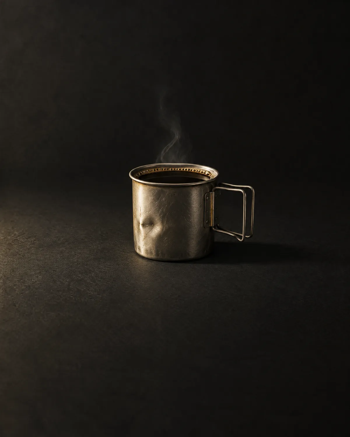 A steel canteen cup of black coffee, steaming
